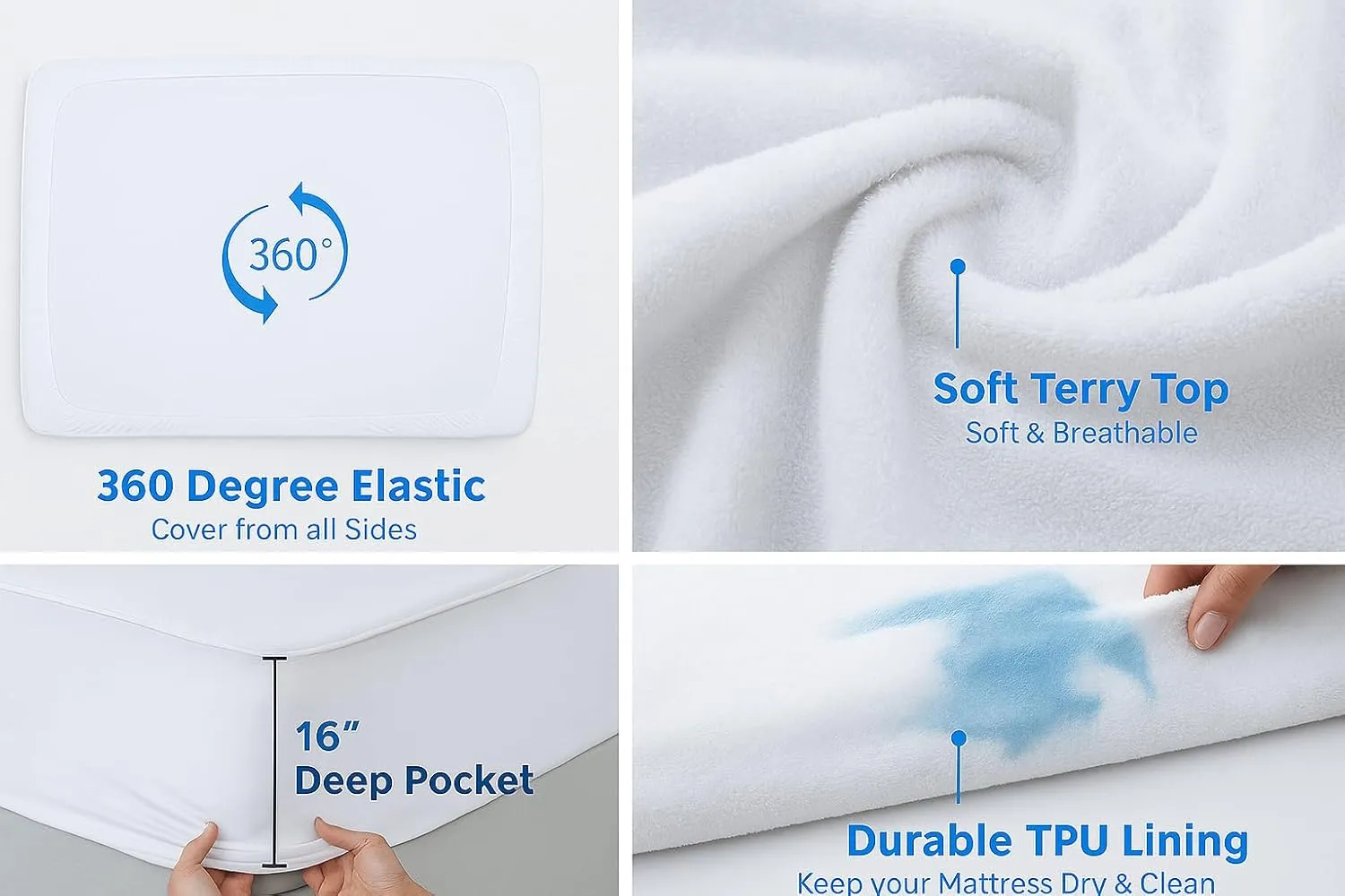 1 Pc Flex Head King Waterproof Mattress Protector for Sleep Number Adjustable Beds, 100% Terry Cotton, Fitted Style 34" Half Split Mattress Cover, Fits Upto 16 Inch Deep Pocket, 78" x 80, White