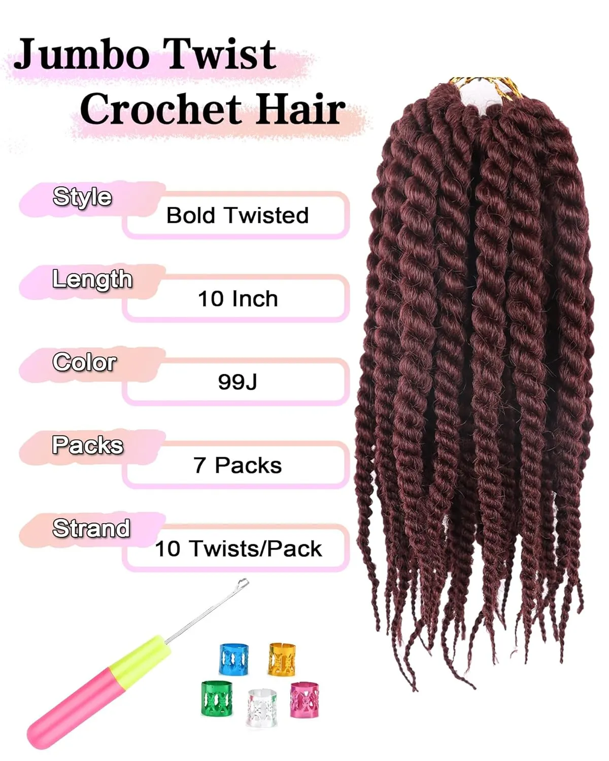 10 Inch Bob Jumbo Senegalese Twist Crochet Hair 7 Packs Havana Twists Crochet Braids for Black Women Pre Looped Kinky Crotchet Hair 2 Strand Twists Braids (10 Inch 99J- Black Burgundy)