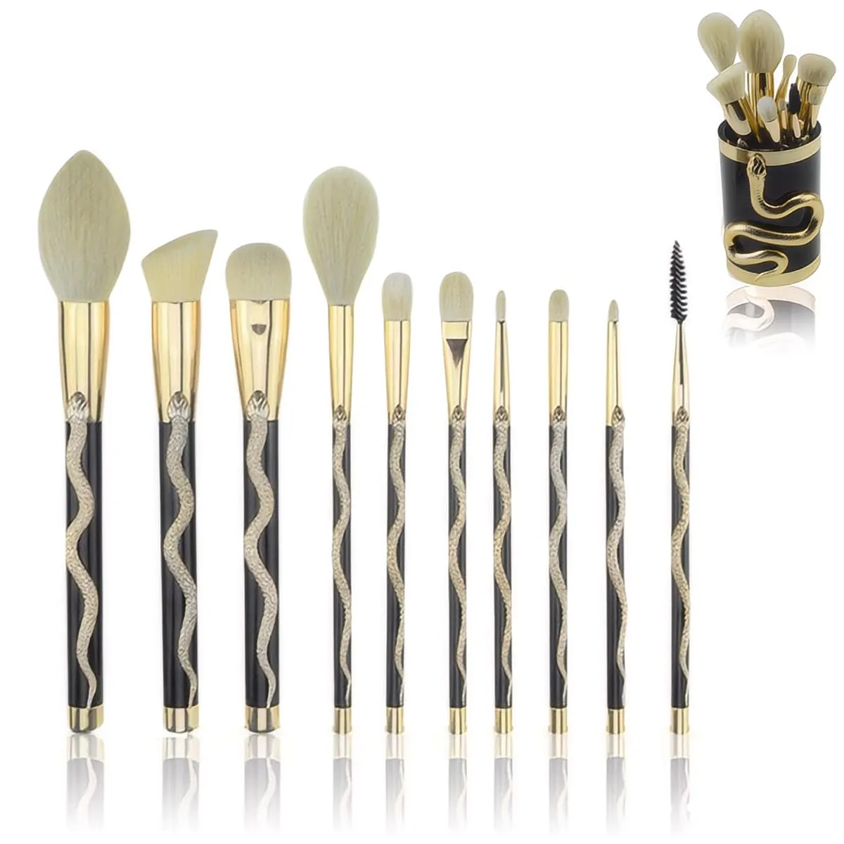 10-Piece Snake Makeup Brush Set with Acrylic Holder | Soft Synthetic Vegan Bristles, Non-Slip Handles | Perfect for Blending, Contouring, Eyeshadow & Lipstick | Luxury Kit for Women & Beginners