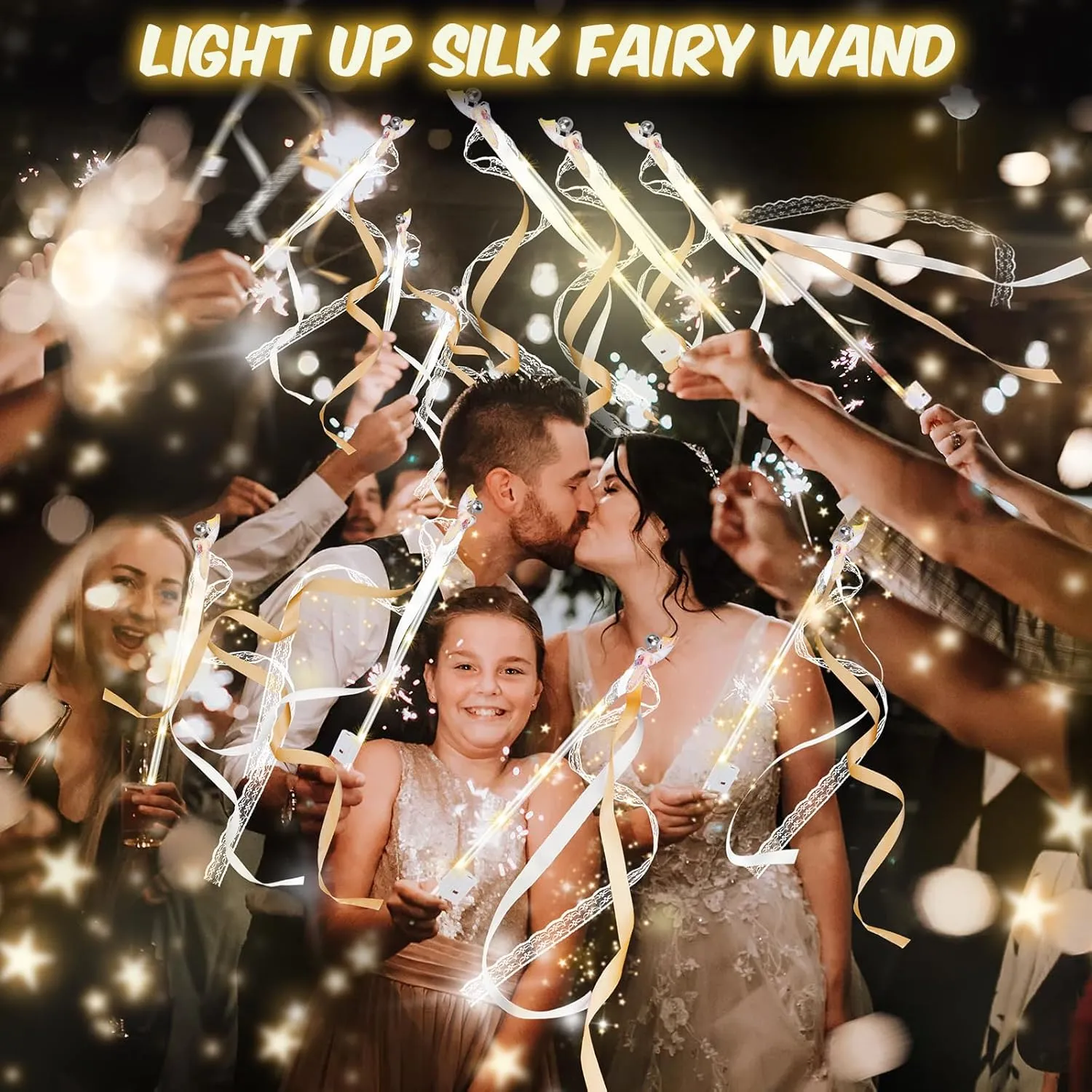 100 PCS Light up Wands for Wedding, Wedding Wands Streamers with 3 Colorful Flashing Modes, Fairy Wands, LED Silk Fairy Wand with Bells for Wedding, New Year, Raves, Concert, Birthday
