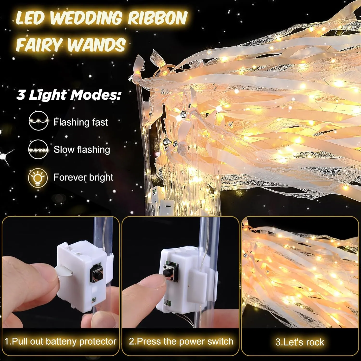 100 PCS Light up Wands for Wedding, Wedding Wands Streamers with 3 Colorful Flashing Modes, Fairy Wands, LED Silk Fairy Wand with Bells for Wedding, New Year, Raves, Concert, Birthday