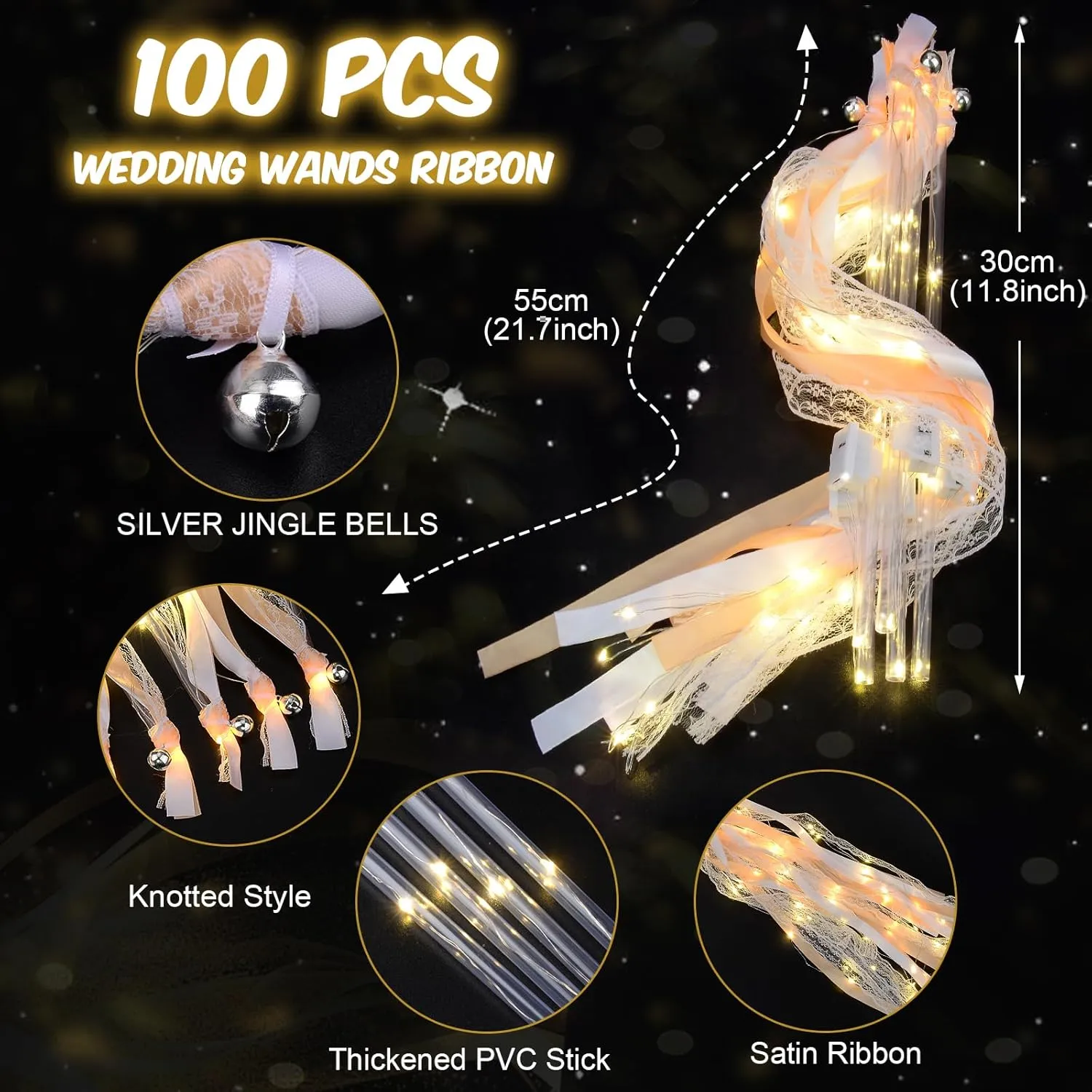 100 PCS Light up Wands for Wedding, Wedding Wands Streamers with 3 Colorful Flashing Modes, Fairy Wands, LED Silk Fairy Wand with Bells for Wedding, New Year, Raves, Concert, Birthday