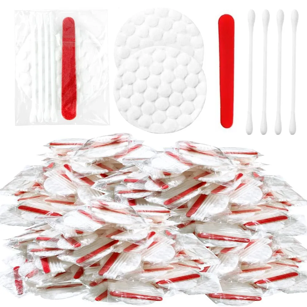 100 Sets Hotel Vanity Kit Individually Wrapped, Bulk Travel Cleaning Kit for Hotels Disposable Toiletries Homeless Care Package Supplies Bulk(Cosmetic Cotton Pads, Cotton Swabs, Nail File)