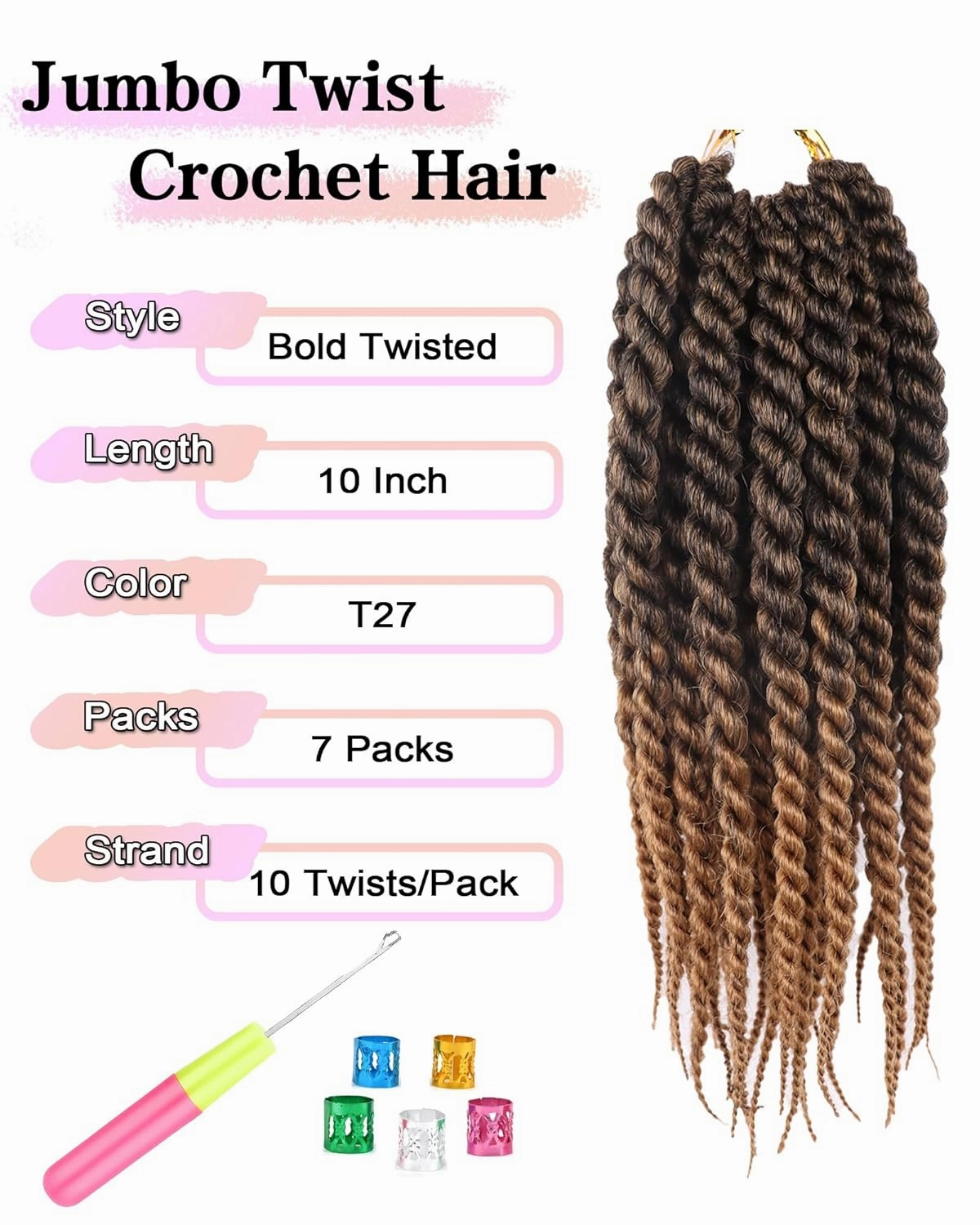 10 Inch Jumbo Braids Crochet Hair Short Havana Twist Crochet Hair for Black Women 7 Packs Crochet Senegalese Twist 2 Strand Twists Crochet Braids (10 Inch,T27-Black to Honey Blonde)
