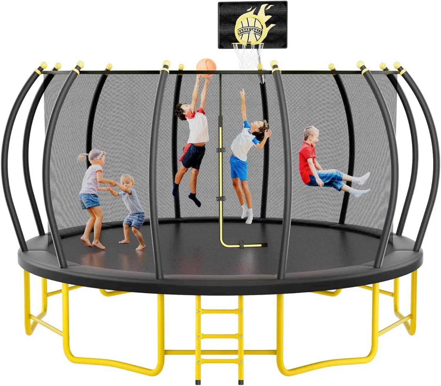 10FT 12FT 14FT 16FT Pumpkin Trampoline with Basketball Hoop, Enclosure Net and Ladder, ASTM Approved Outdoor Recreational Trampoline for Kids and Adults