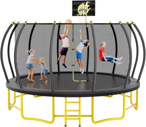 10FT 12FT 14FT 16FT Pumpkin Trampoline with Basketball Hoop, Enclosure Net and Ladder, ASTM Approved Outdoor Recreational Trampoline for Kids and Adults