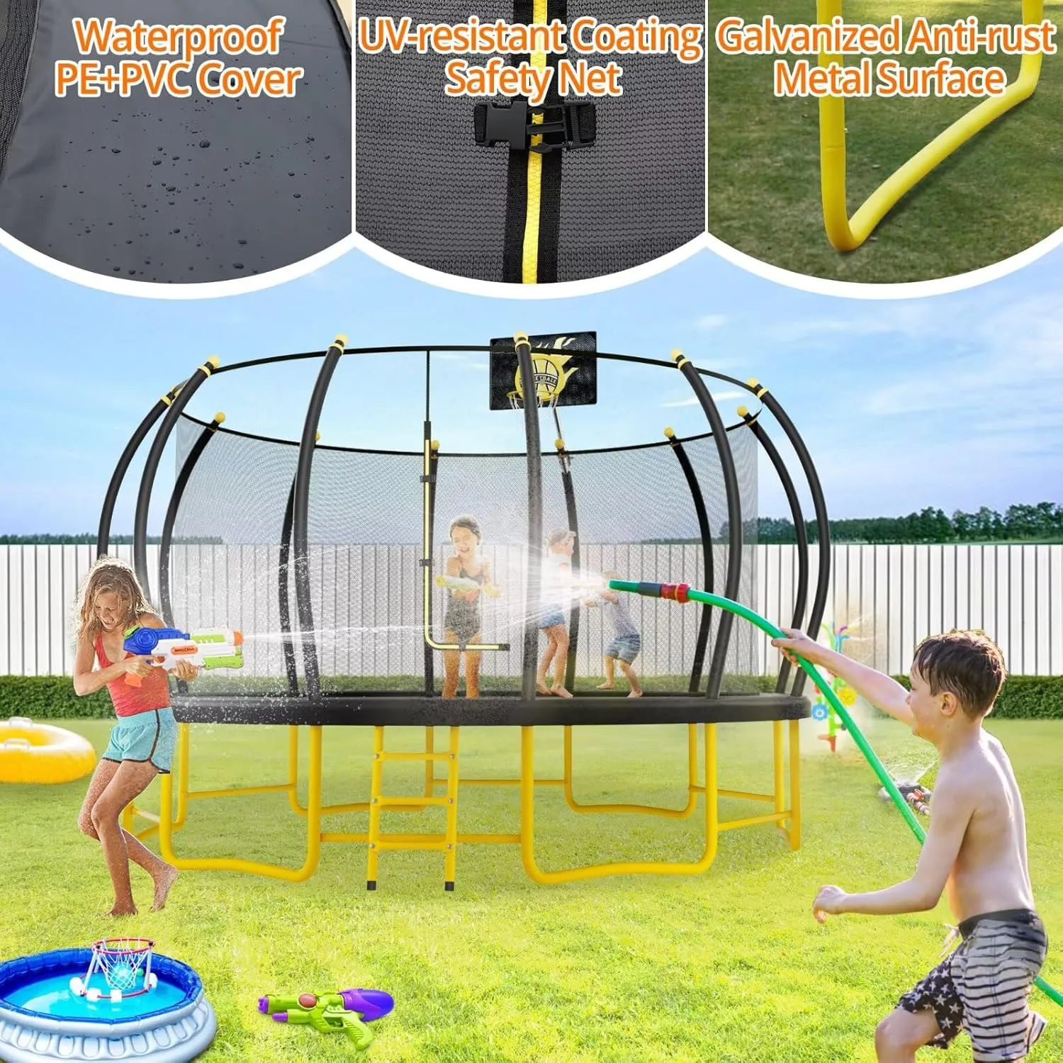 10FT 12FT 14FT 16FT Pumpkin Trampoline with Basketball Hoop, Enclosure Net and Ladder, ASTM Approved Outdoor Recreational Trampoline for Kids and Adults