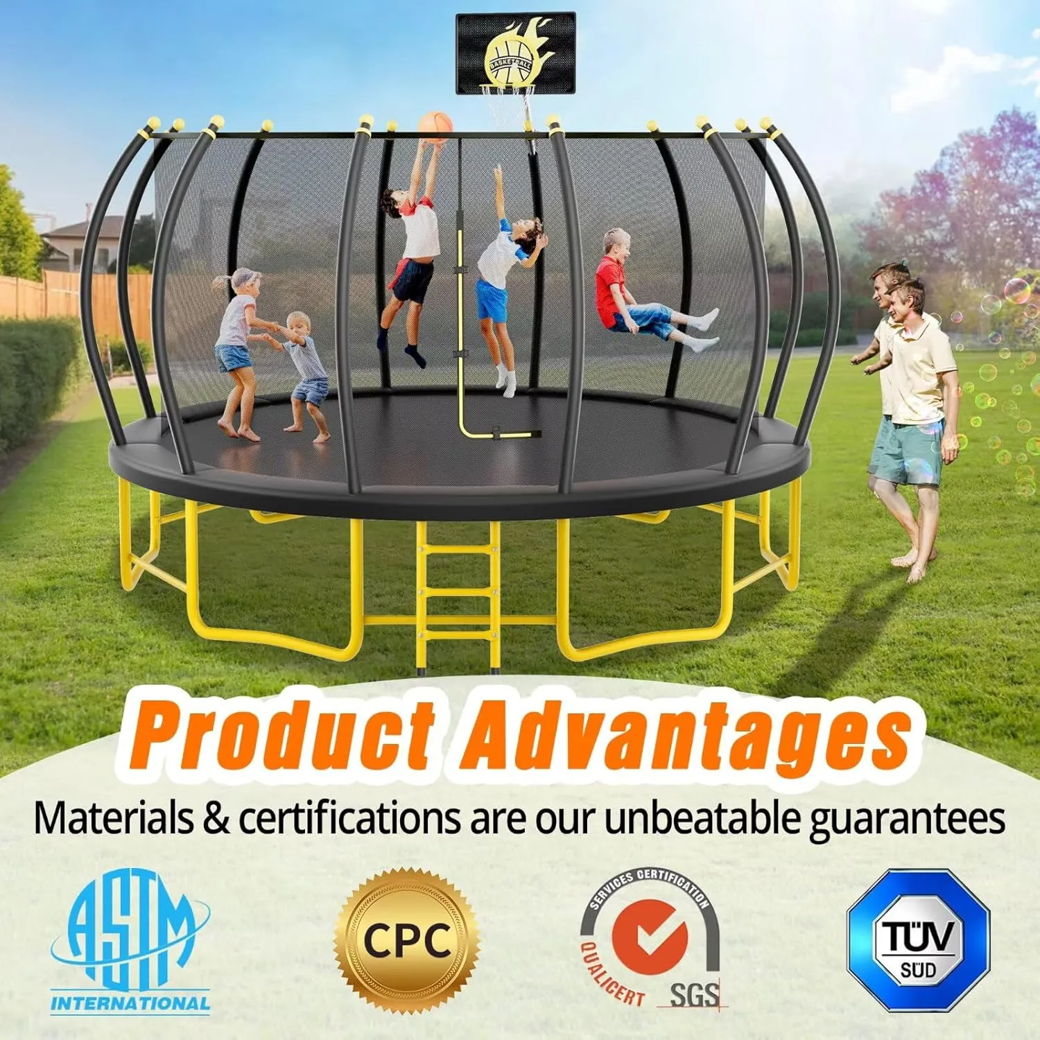 10FT 12FT 14FT 16FT Pumpkin Trampoline with Basketball Hoop, Enclosure Net and Ladder, ASTM Approved Outdoor Recreational Trampoline for Kids and Adults