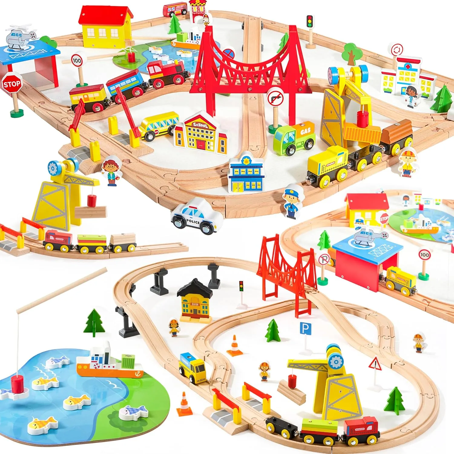 110PCS & 60PCS Wooden Train Set for Kids 2-8 – City & Construction Railway with Magnetic Trains, Crane, Vehicles & Accessories – Perfect Christmas & Birthday Gift for Toddlers, Boys & Girls