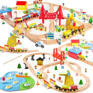 110PCS & 60PCS Wooden Train Set for Kids 2-8 – City & Construction Railway with Magnetic Trains, Crane, Vehicles & Accessories – Perfect Christmas & Birthday Gift for Toddlers, Boys & Girls