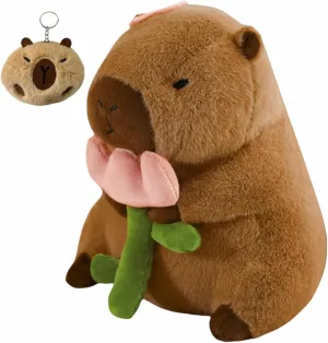 12 Inch Capybara Plush Toy, Large Cute Capybara Stuffed Animal Plushie Soft Peluche Pillow with Keychain Set for Kids Boys Girls (Flower)
