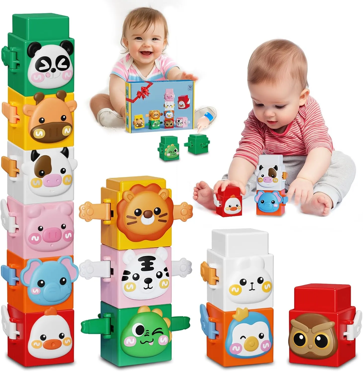 12 PCS Stacking Toys Set for Toddlers 1 2 3 4 Years Old Boys Girls Preschool Sensory Block Toys Pressable Animals Stacking Blocks with Cute Expressions Fun Christmas Birthday Gifts for Kids Ages 1 