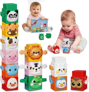 12 PCS Stacking Toys Set for Toddlers 1 2 3 4 Years Old Boys Girls Preschool Sensory Block Toys Pressable Animals Stacking Blocks with Cute Expressions Fun Christmas Birthday Gifts for Kids Ages 1 