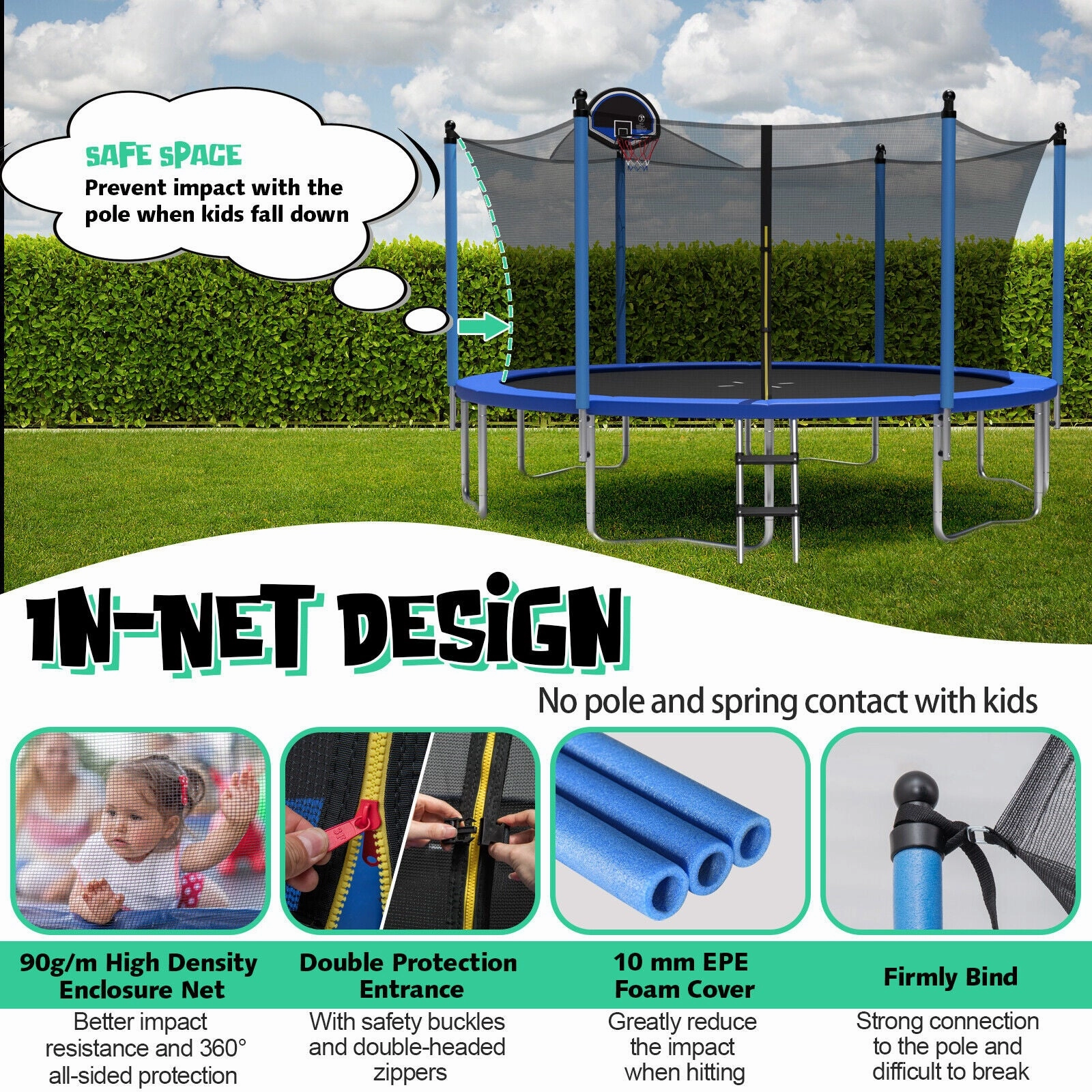 12/14/15/16 Feet Outdoor Recreational Trampoline with Ladder and Enclosure Net-15 ft