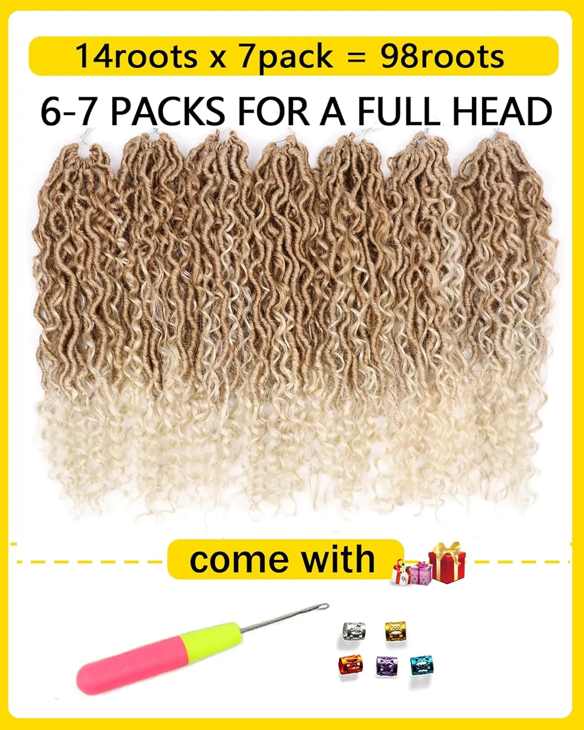 14 Inch Goddess Locs Crochet Hair for Black Women 7 Packs Faux Locs Crochet Hair with Curly Ends Pre Looped Blonde Curly Goddess Braids (14 Inch, 7 Packs, 27/613)