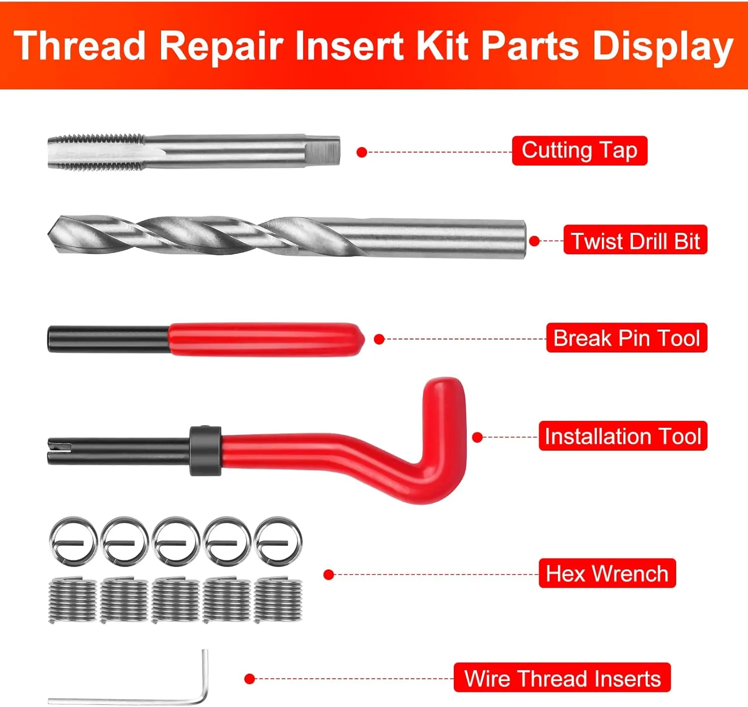 15 PCS Thread Repair Kit M12*1.75mm, Helicoil Metric Thread Repair Insert Kit with HSS Drill Bits, Rethreading Inserts Tool Set for Damaged Thread Repairing (Red)