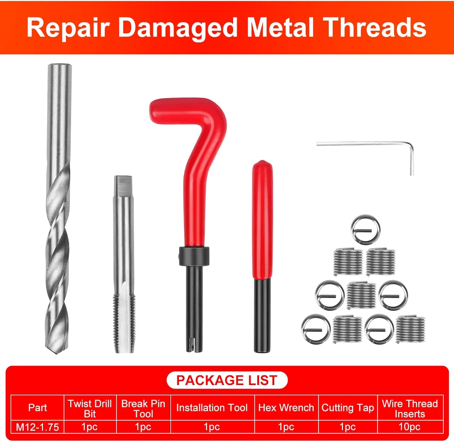 15 PCS Thread Repair Kit M12*1.75mm, Helicoil Metric Thread Repair Insert Kit with HSS Drill Bits, Rethreading Inserts Tool Set for Damaged Thread Repairing (Red)
