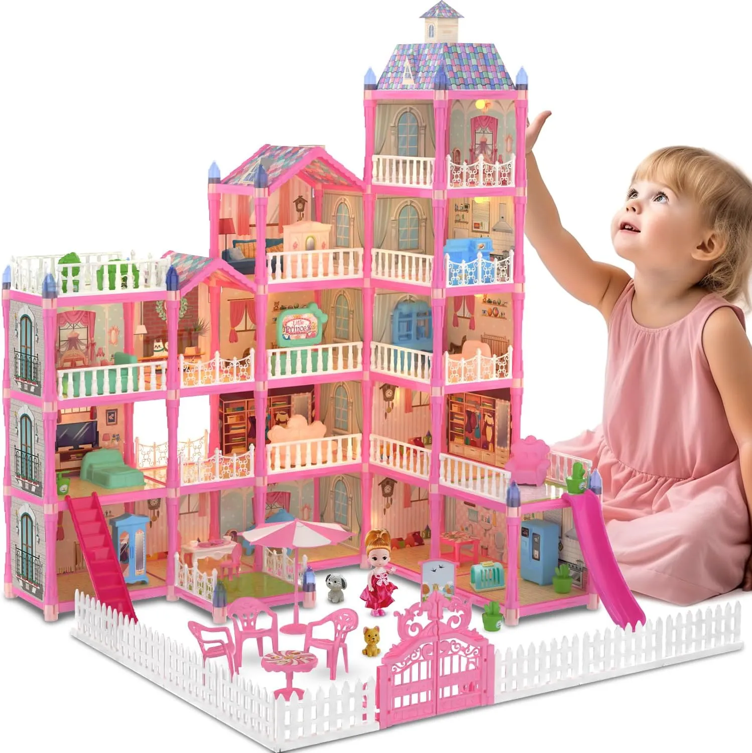 15 Rooms Doll House for Kid, 374Pcs Play Castle Furniture Playsets for Girls, Birthday Gifts for 3 4 5 6 7 8 9 10 11 12 Years Old Kids Toddlers