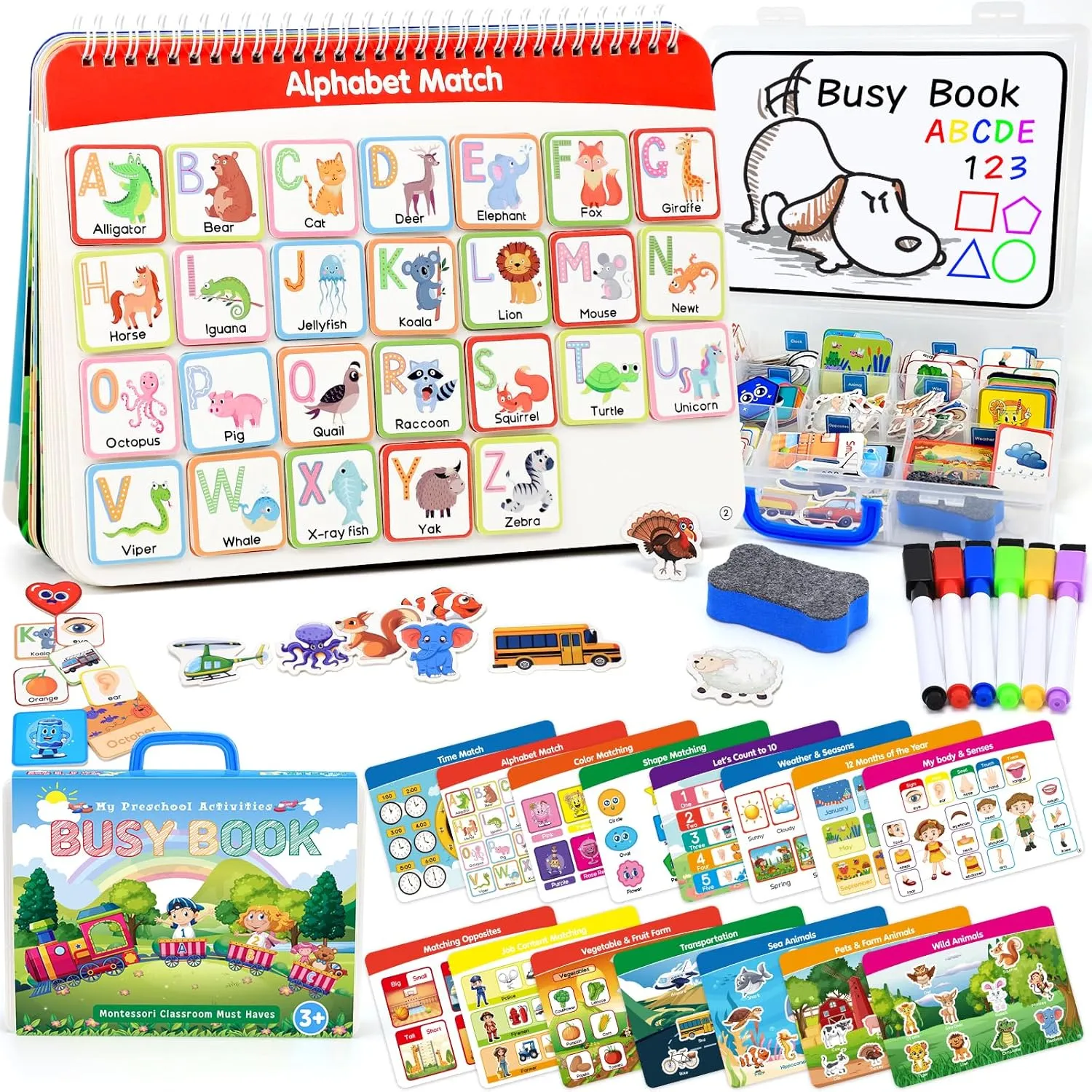 15 Themes Preschool Busy Book for Toddlers with Case, 176 Pieces Accessory Complete Preassembled Activity Books for Kids, Learning Resources Montessori Educational Toy, Gifts for 3  Year Old Boy Girl