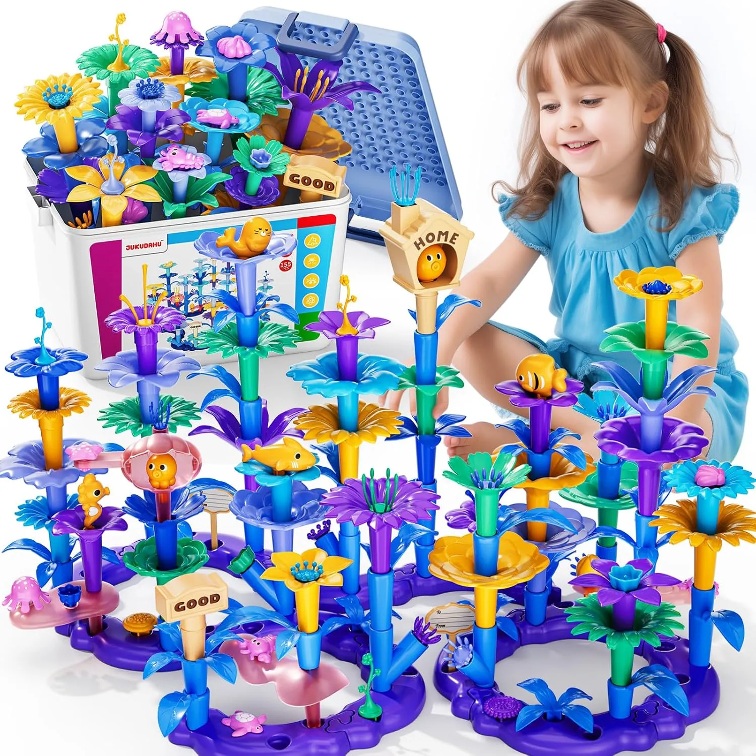 155 PCS Flower Building Toys for Kids - STEM Stacking Toys for 3 4 5 6 7 Years Old Girls Boys, DIY Building Blocks with Storage Box, Ocean Toy, Educational Gifts Toys for Kids Age 5-8