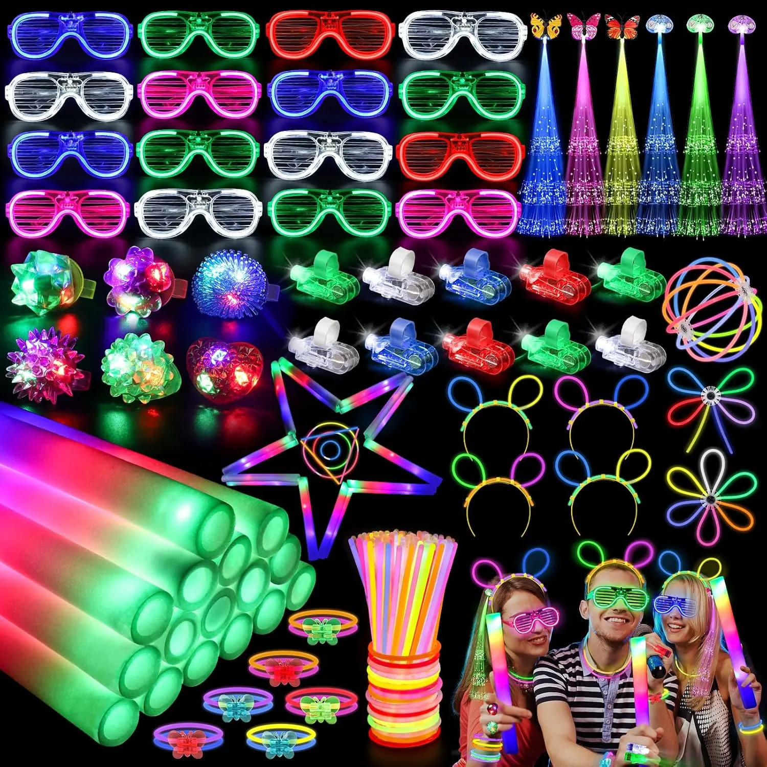 170PCS Glow in the Dark Party Supplies, 16PCS LED Foam Sticks, 16PCS LED Glasses and 100PCS Glow Sticks Necklaces Bracelets Headband, Light Up Party Favors for Kids Adults, Wedding, Concert, Birthday