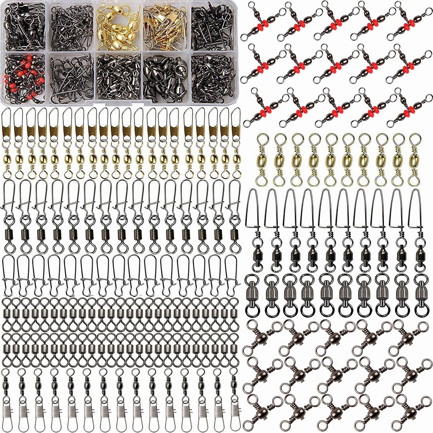 175pcs Fishing Swivels Snaps Kit - Ball Bearing Barrel Swivel 3 Way Swivels Fishing Tackle Line Connector Terminal Accessories Tackle Box for Lures Sinkers