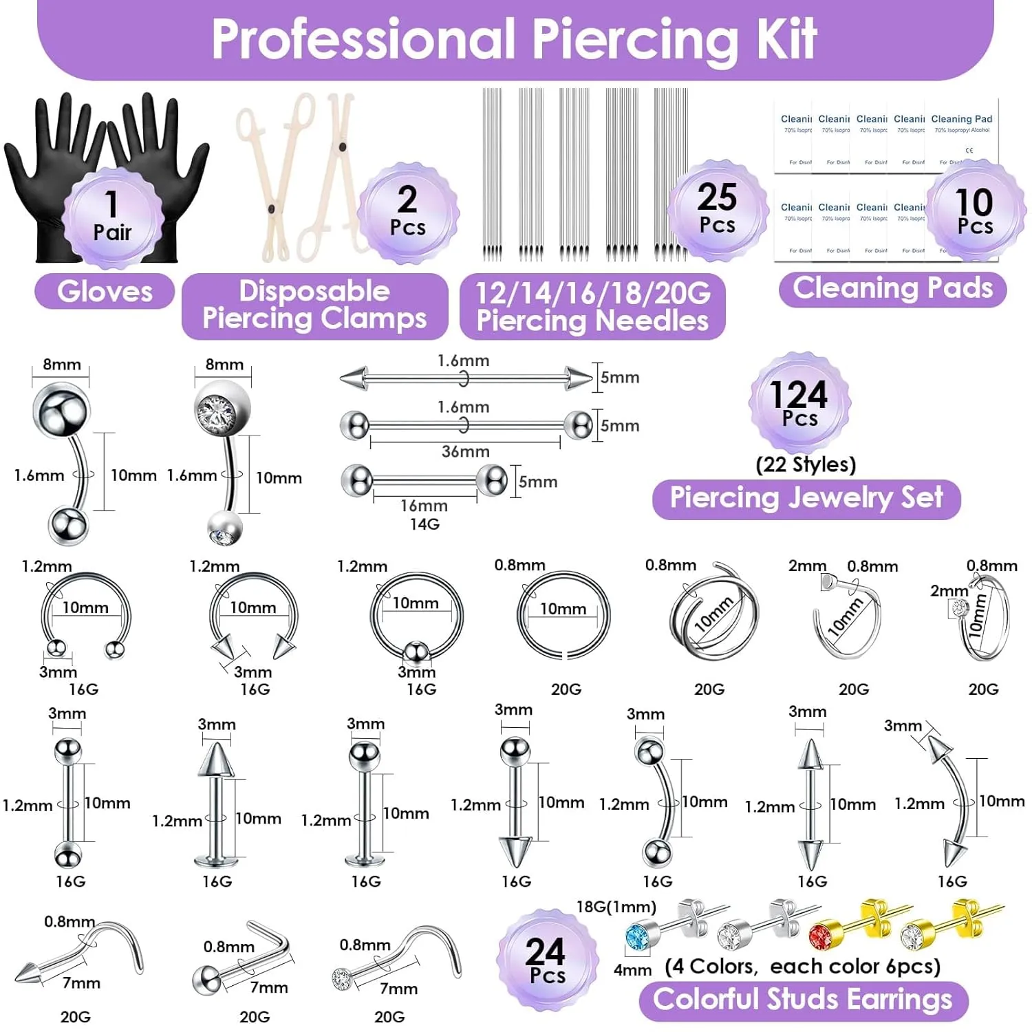 186PCS Body Septum Piercing Kit with 14G/16G/18G/20G Piercing Needles Piercing Jewelry and Tools for Ear Nose Belly Button Nipple Lip Cartilage Eyebrow Tongue Navel Piercing Kit for All Piercings