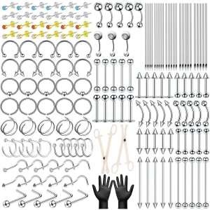 186PCS Body Septum Piercing Kit with 14G/16G/18G/20G Piercing Needles Piercing Jewelry and Tools for Ear Nose Belly Button Nipple Lip Cartilage Eyebrow Tongue Navel Piercing Kit for All Piercings