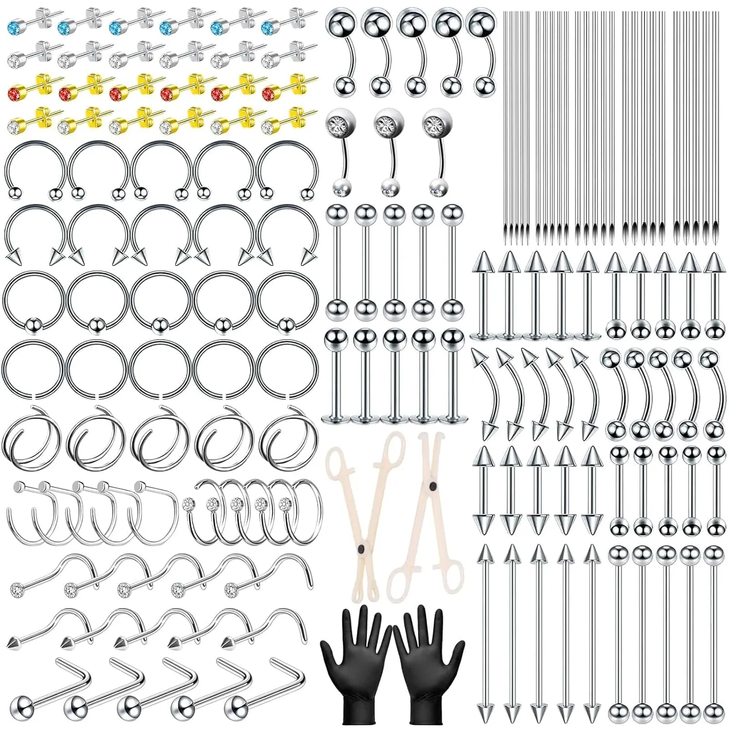 186PCS Body Septum Piercing Kit with 14G/16G/18G/20G Piercing Needles Piercing Jewelry and Tools for Ear Nose Belly Button Nipple Lip Cartilage Eyebrow Tongue Navel Piercing Kit for All Piercings