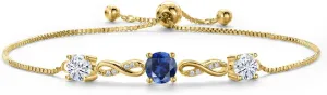 18K Yellow Gold Plated Blue Created Sapphire and White Moissanite Tennis Bracelet For Women | 2.04 Cttw | Gemstone September Birthstone | Round 6MM and 5MM | Fully Adjustable Up to 9 Inch