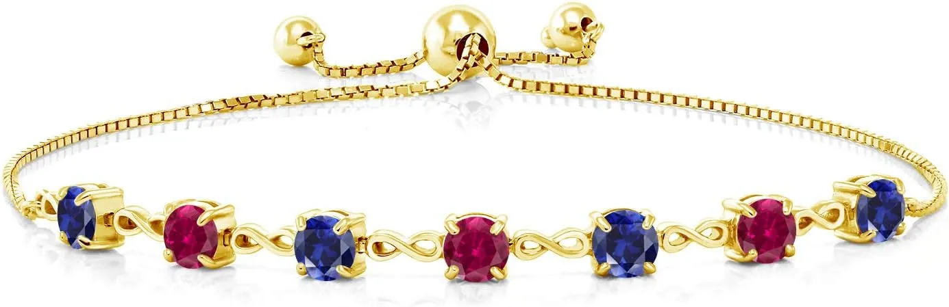18K Yellow Gold Plated Silver Blue Created Sapphire and Red Created Ruby Infinity Tennis Bracelet For Women (2.60 Cttw, Gemstone September Birthstone, Round 4.5MM, Fully Adjustable Up to 9 Inch)