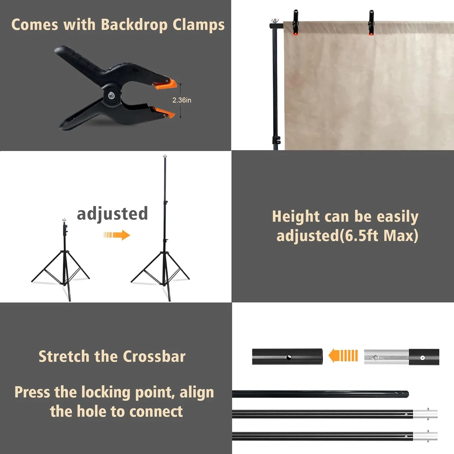 2-in-1 Abstract Photography Backdrop Stand Kit - 6.5x6.5 ft Portable Dual Rod Stand with 6x8 ft Polyester Fabric Backdrop for Portraits and Photo Props - Roller Pocket Design（6x8ft,Beige）