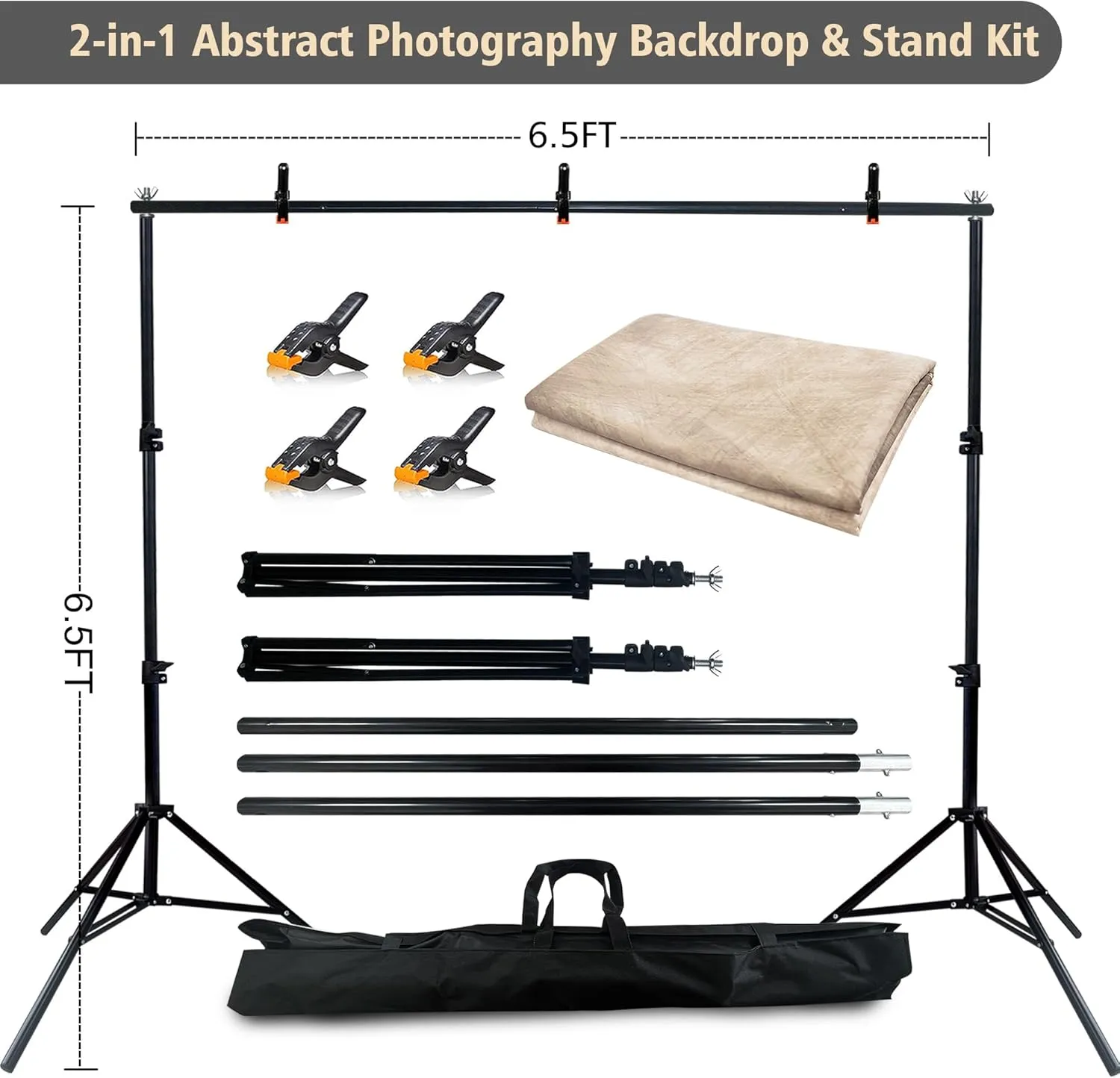 2-in-1 Abstract Photography Backdrop Stand Kit - 6.5x6.5 ft Portable Dual Rod Stand with 6x8 ft Polyester Fabric Backdrop for Portraits and Photo Props - Roller Pocket Design（6x8ft,Beige）
