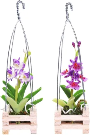 2 Miniature Orchids Artificial Flower Clay with A Hanging Basket Wood Stretched Wire for Dollhouse Fairy Garden Size S Scale 1:12