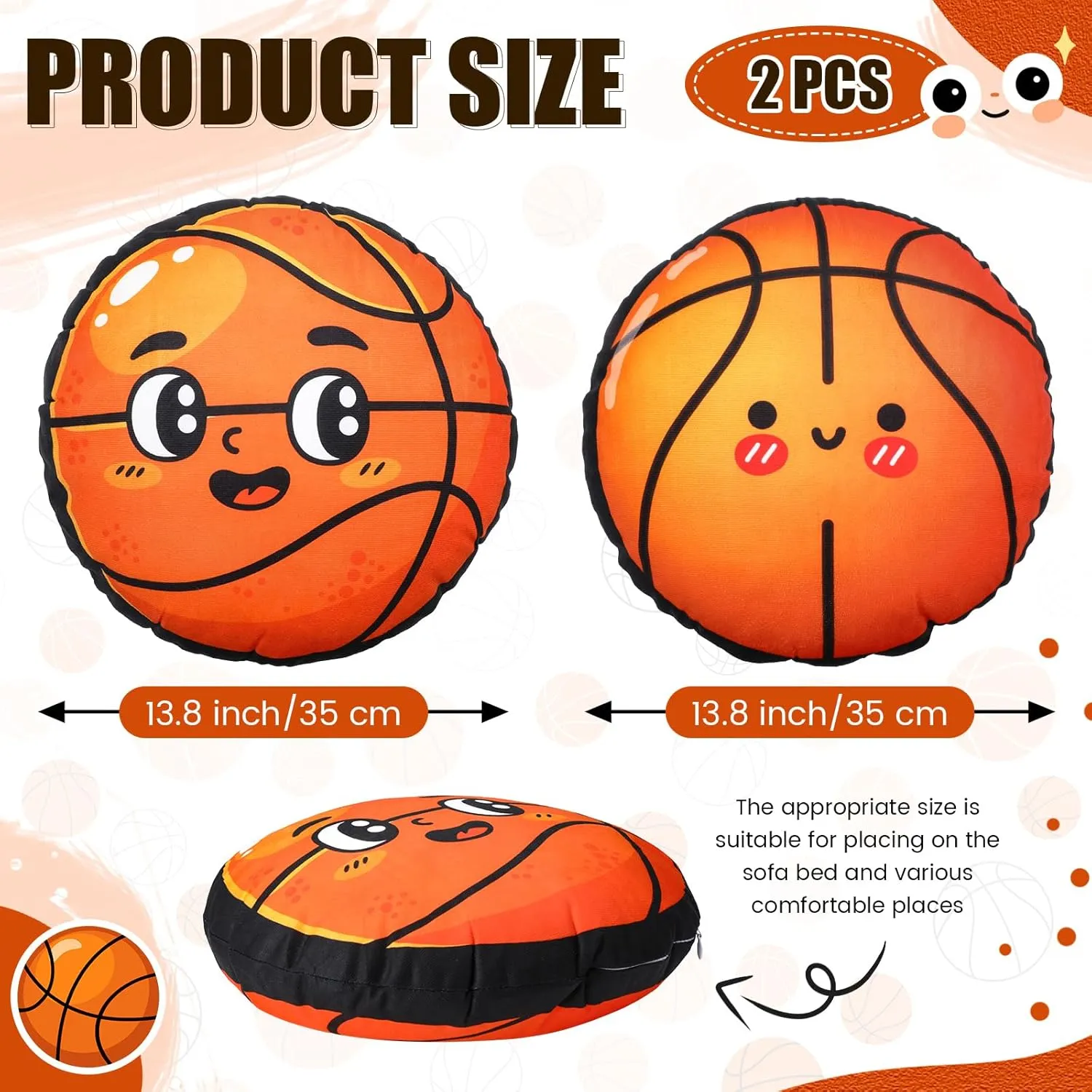 2 Pcs Plush Basketball Pillow 13.8" Sports Stuffed Pillow Throw Cute Fluffy Soft Sports Theme Cushion for Bed Sofa Couch Room Bedroom Room Decoration Birthday Gift