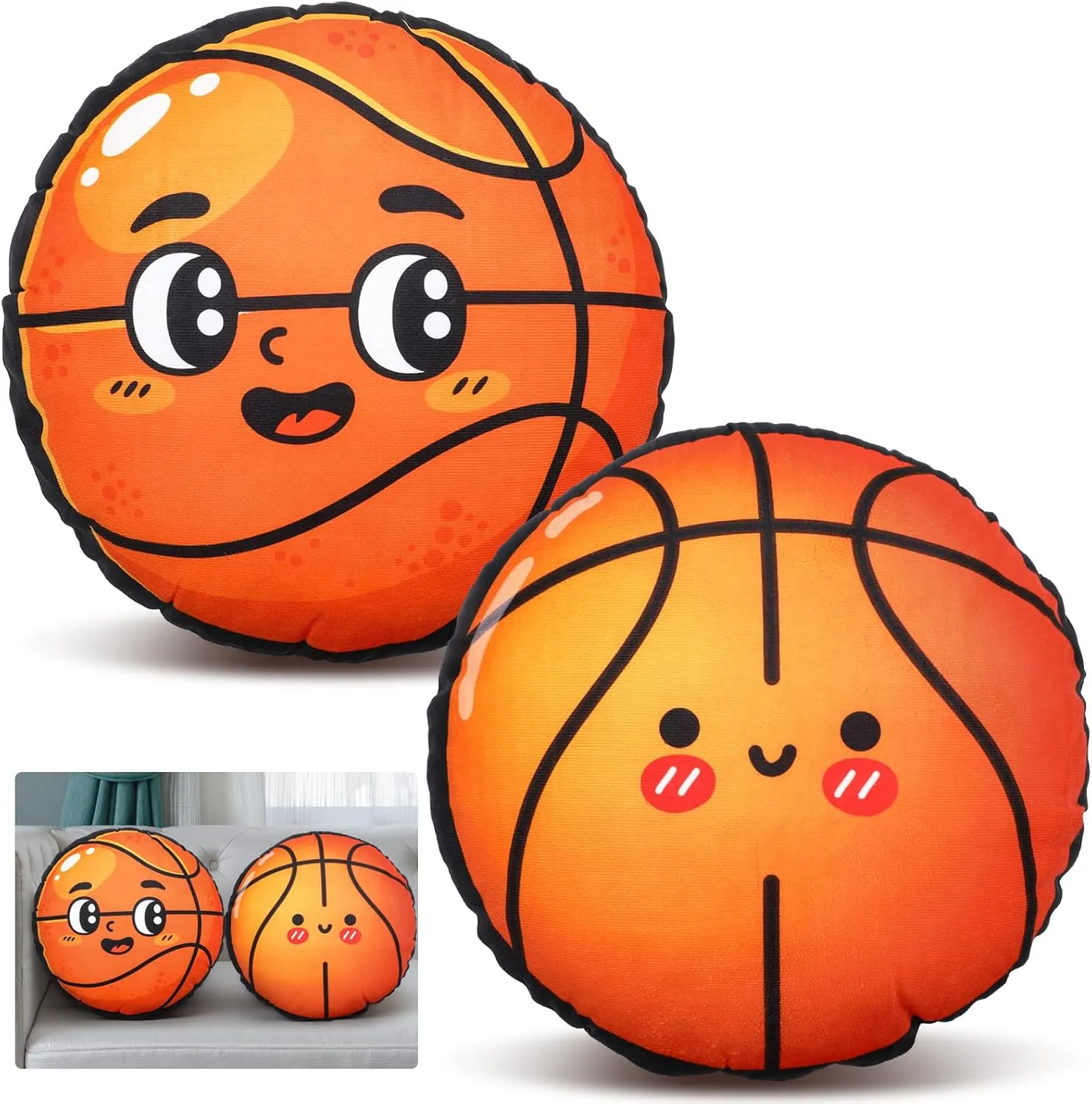 2 Pcs Plush Basketball Pillow 13.8" Sports Stuffed Pillow Throw Cute Fluffy Soft Sports Theme Cushion for Bed Sofa Couch Room Bedroom Room Decoration Birthday Gift