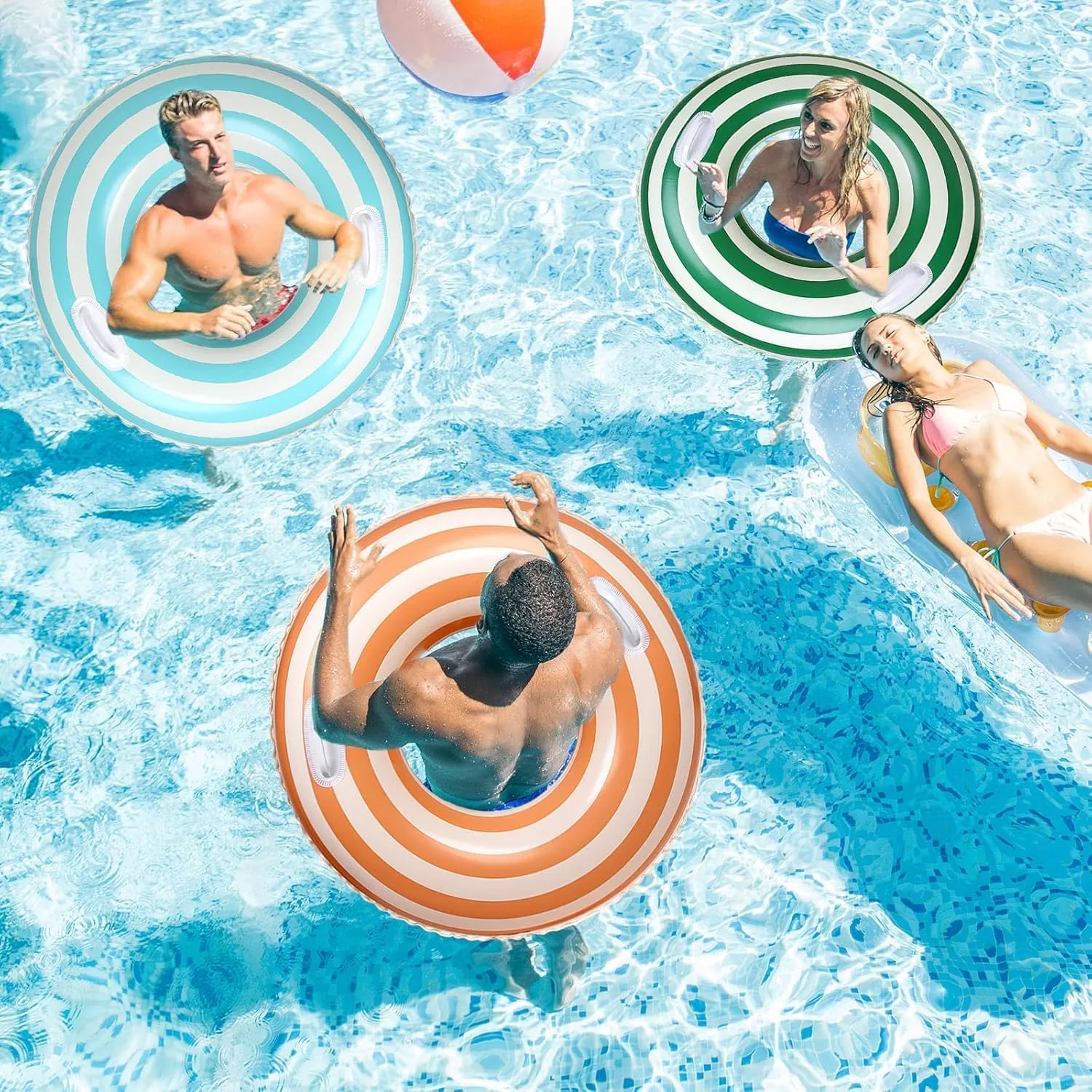 2 PCS Striped Pool Floats for Adults Swimming Rings Tube with Handles -Inflatable Pool Float Tube for Adults Pool Floats for The Beach, Party, Vacation