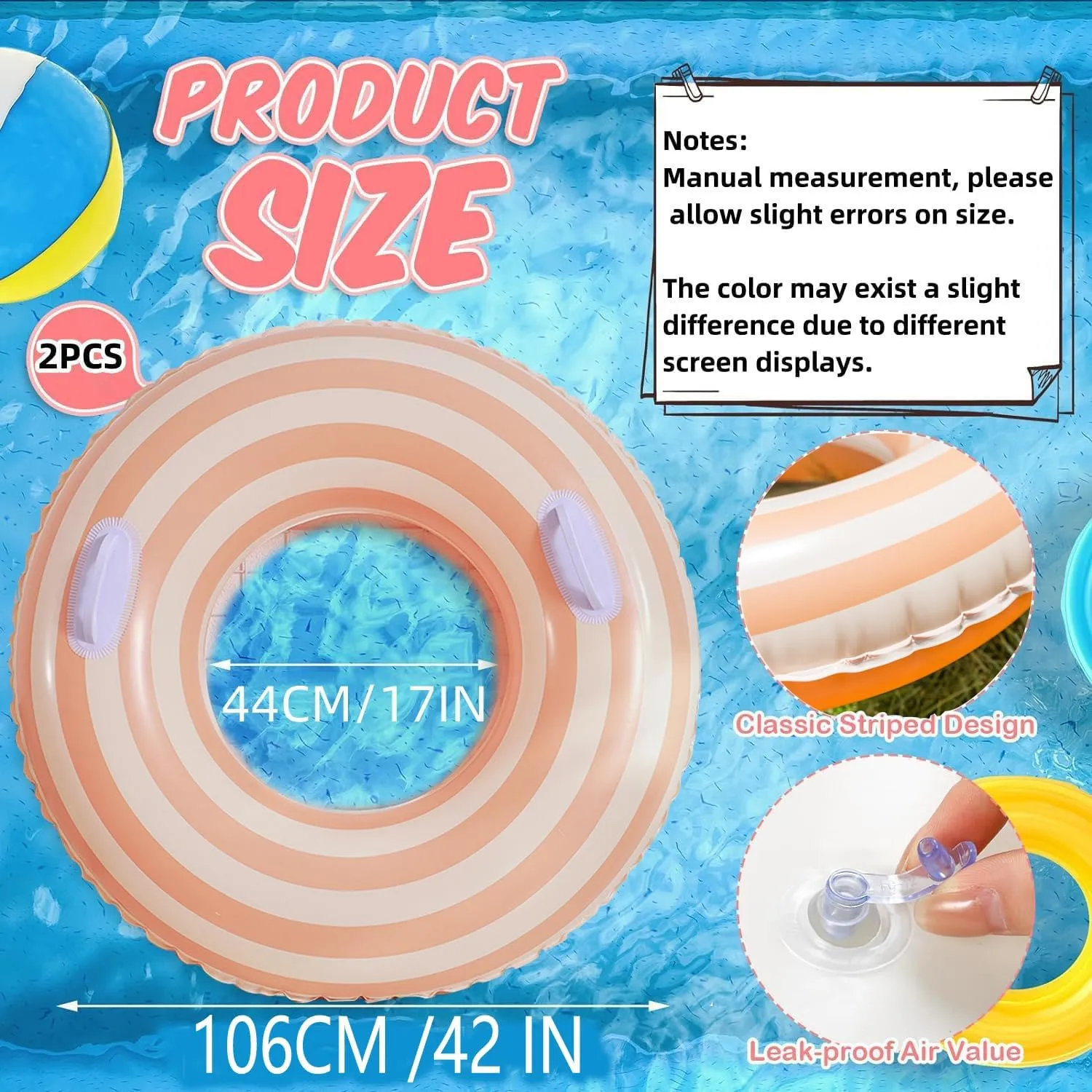 2 PCS Striped Pool Floats for Adults Swimming Rings Tube with Handles -Inflatable Pool Float Tube for Adults Pool Floats for The Beach, Party, Vacation