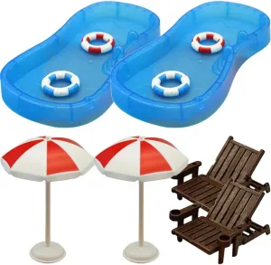 2 Sets Beach Miniature Dollhouse Decoration Swim Pool Umbrella Beach Chair for DIY Fairy Garden Dollhouse Decor