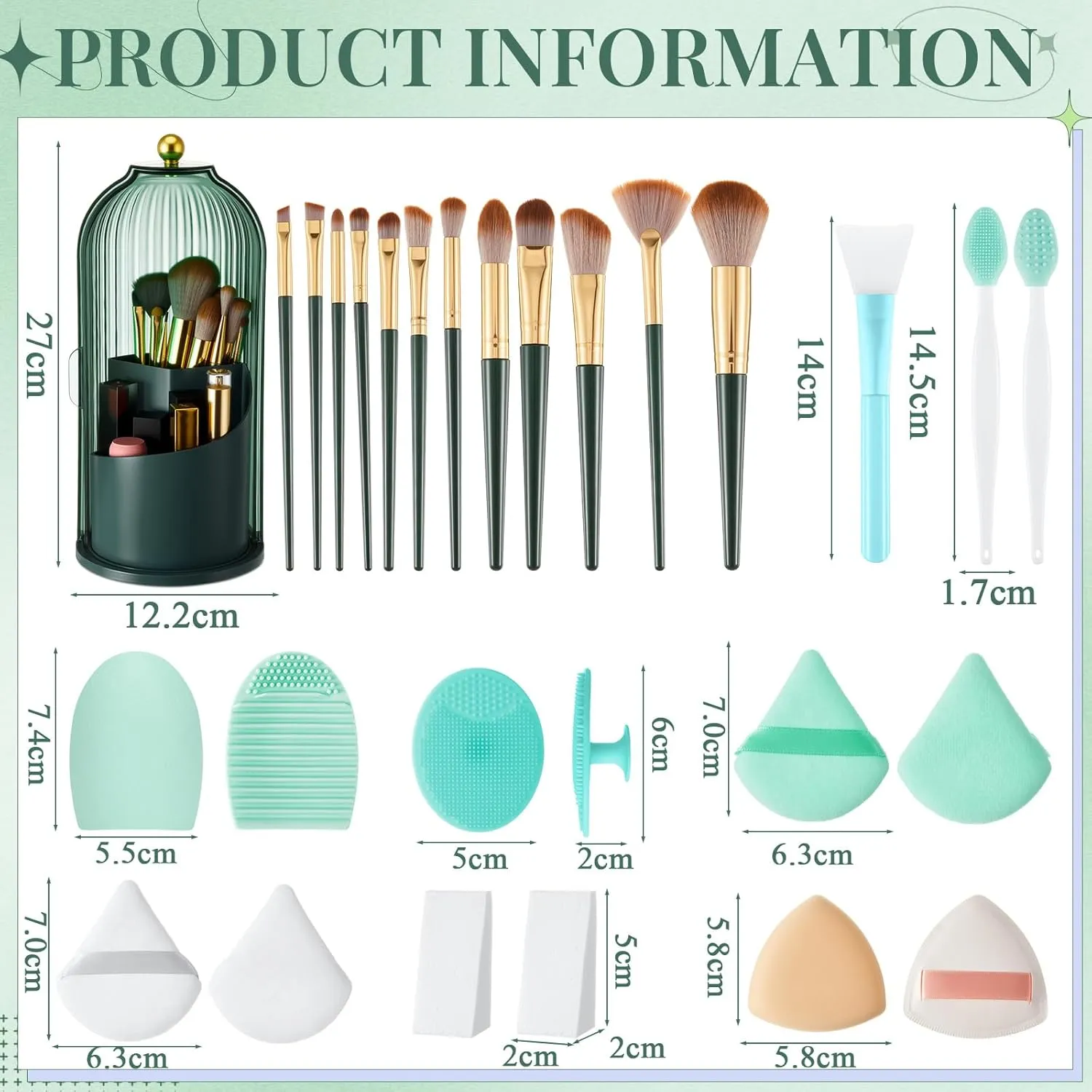 23 Pack 360 Rotating Makeup Brush Holder with Makeup Brushes Set, Dustproof Cosmetic Organizer with Lid, Gift for Girlfriend Wife Mother, Vanity Bathroom Countertop Travel Supplies(Green)