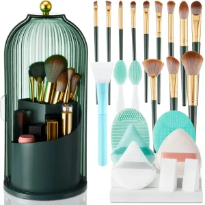 23 Pack 360 Rotating Makeup Brush Holder with Makeup Brushes Set, Dustproof Cosmetic Organizer with Lid, Gift for Girlfriend Wife Mother, Vanity Bathroom Countertop Travel Supplies(Green)