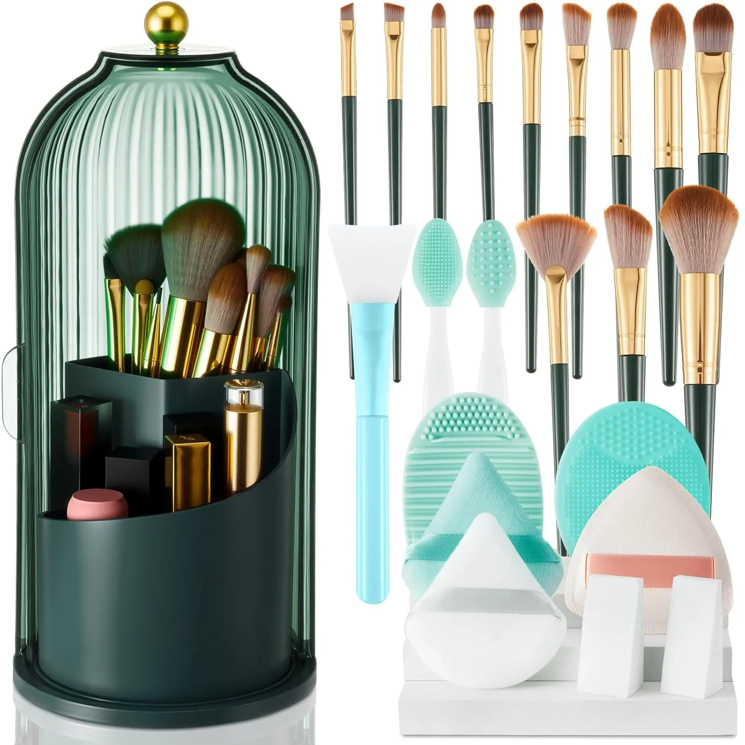 23 Pack 360 Rotating Makeup Brush Holder with Makeup Brushes Set, Dustproof Cosmetic Organizer with Lid, Gift for Girlfriend Wife Mother, Vanity Bathroom Countertop Travel Supplies(Green)