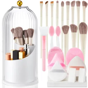 23 Pack 360 Rotating Makeup Brush Holder with Makeup Brushes Set, Dustproof Cosmetic Organizer with Lid, Gift for Girlfriend Wife Mother, Vanity Bathroom Countertop Travel Supplies(Pink)