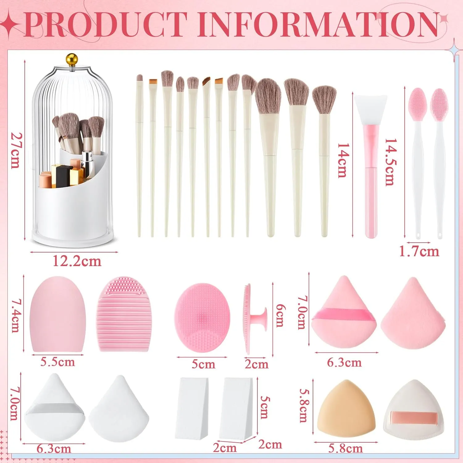 23 Pack 360 Rotating Makeup Brush Holder with Makeup Brushes Set, Dustproof Cosmetic Organizer with Lid, Gift for Girlfriend Wife Mother, Vanity Bathroom Countertop Travel Supplies(Pink)