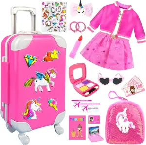 23Pcs 18 Inch Girl Doll Accessories Case Luggage Travel Play Set with Clothes, Bag, Computer Glasses, Makeup, Stickers, Stuff for 18 inch Doll - Christmas & Birthday Gift