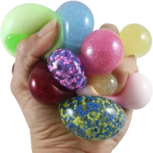 24 BULK Assorted Mini Stress Balls - 5 Different Styles - Neon, Glitter, Metallic, Confetti, Glow in Dark 1.5" Stress Ball - Ceiling Sticky Glob Balls - Squishy Gooey Squeeze Balls (RANDOM COLORS)