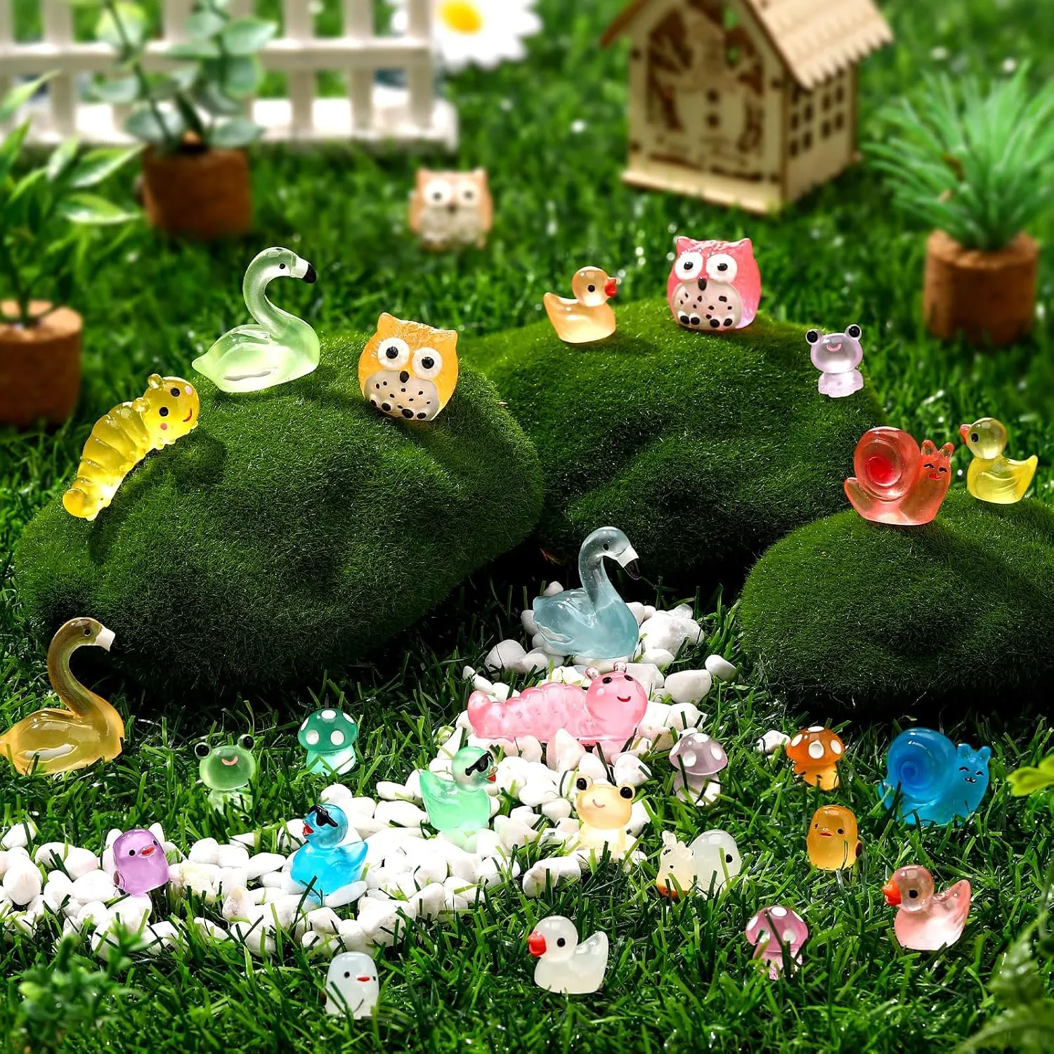 240 Pcs Mini Resin Animals Tiny Resin Animals Bulk Glow in The Dark Miniature Figures for Micro Garden Landscape Ornaments Dollhouse Crafts Accessories(Garden Style)