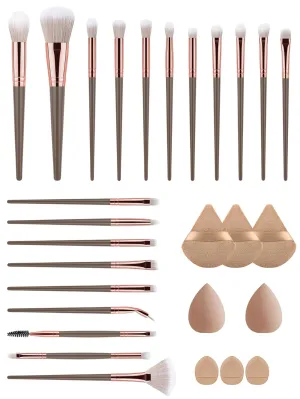 28pcs Ultimate Makeup Brush Set Large Powder, Blush, Contour, Foundation, Concealer & Eyeshadow Brushes with Water Drop Beauty Sponge, Thumb Puff & Triangle Puff Nylon Bristles