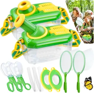 2Pack Bug Catcher for Kids Insect Catching Kit 360° Rotating Viewing Angle with Butterfly Net Tweezer Magnifying Glass Clamp Outdoor Explorer Activities for Age 3-5 5-8 8-12
