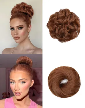 2PCS Messy Bun Hair Piece-Large Wavy Curly & Donut Updo Hair Pieces Set, Scrunchies Synthetic Chignon Ponytail Extensions Thick Updo for Women(Auburn and Brown)